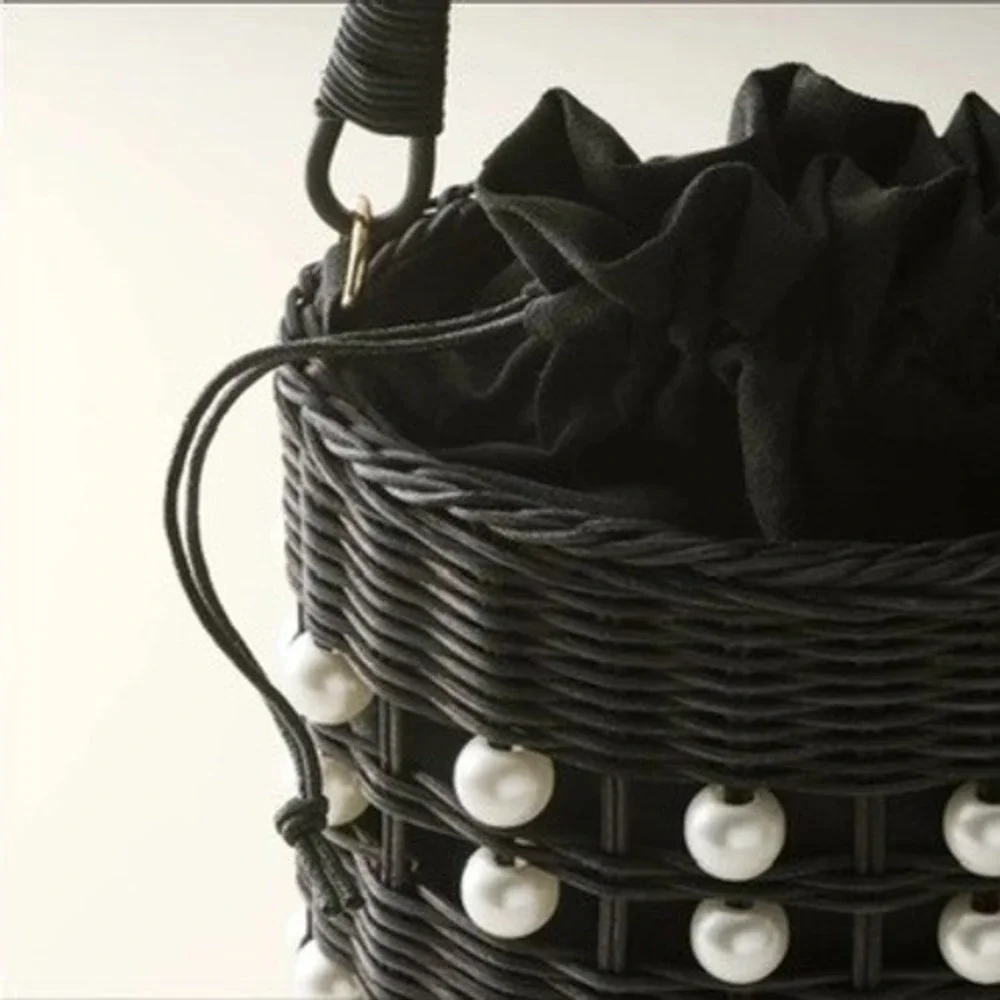 Kate Spade Bucket Bag Womens Small Black Pearl Wicker Handbag NWT
